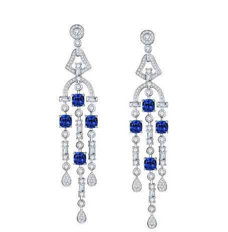 Gatsby Art Deco Chandelier Earrings, Cultivated Sapphire, Three-Tier Drop — image 1