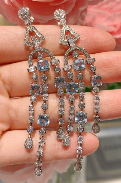 Gatsby Art Deco Chandelier Earrings, Cultivated Sapphire, Three-Tier Drop — image 2